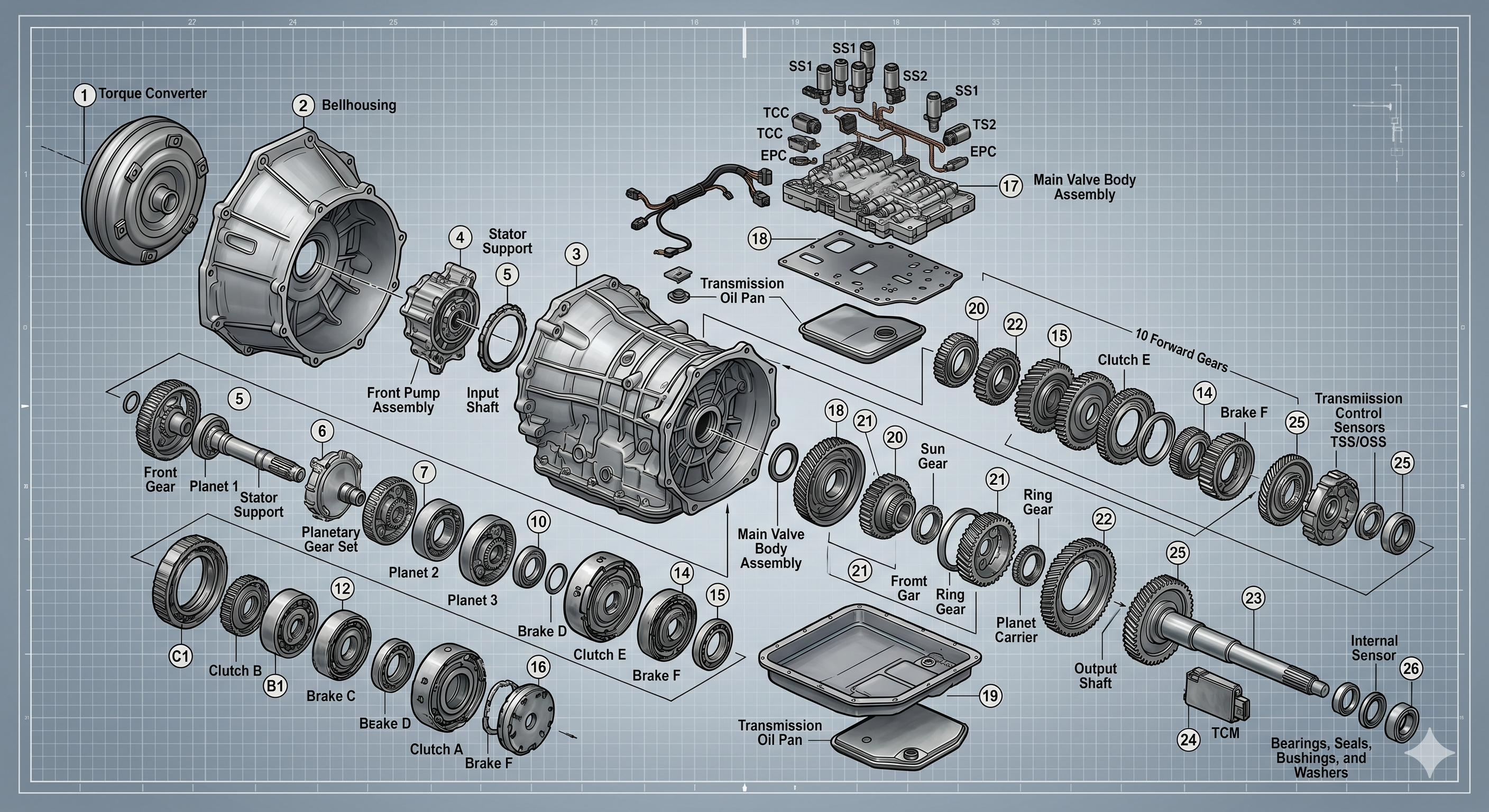 Technical exploded diagram of automatic transmission components